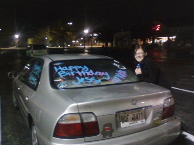 When I worked at the restaurant, my friends painted my car for my birthday (back when my name was Jessica). That's Kelsey with her handywork on my car. 